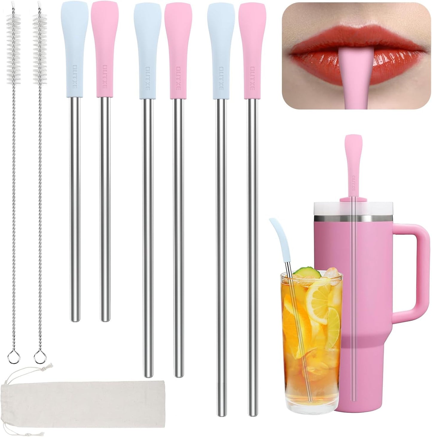 OUTXE Anti Wrinkle Straw 6 Pcs, Flat Wide Drinking Straw for Stanley& Yeti& Owala, Reusable Wrinkle Free Long Stainless Steel Metal Straw for Lip with Cleaning Brush and Carrying Bag