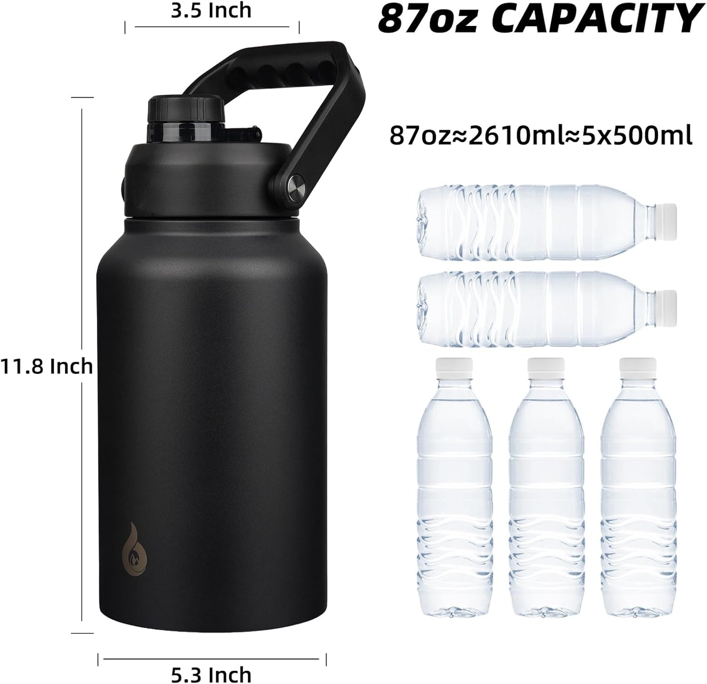 BJPKPK 87oz Insulated Water Bottle, Dishwasher Safe 2/3 Gallon Water Bottle with Ergonomic Handle, BPA Free Leak Proof Water Jug, Stainless Steel Metal Water Bottle with Anti-slip Bottom, Black