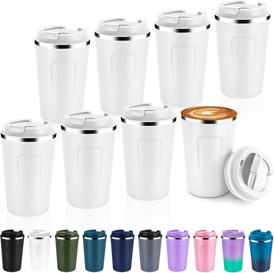 Volhoply 12 oz Double Wall Insulated Vacuum Travel Coffee Mug with Flip Lid Bulk 8 Pack,Reusable Stainless Steel Leak Proof Coffee Cup,Portable Cafe Thermal Tumblers for Hot & Cold Drinks(White,8 Set)