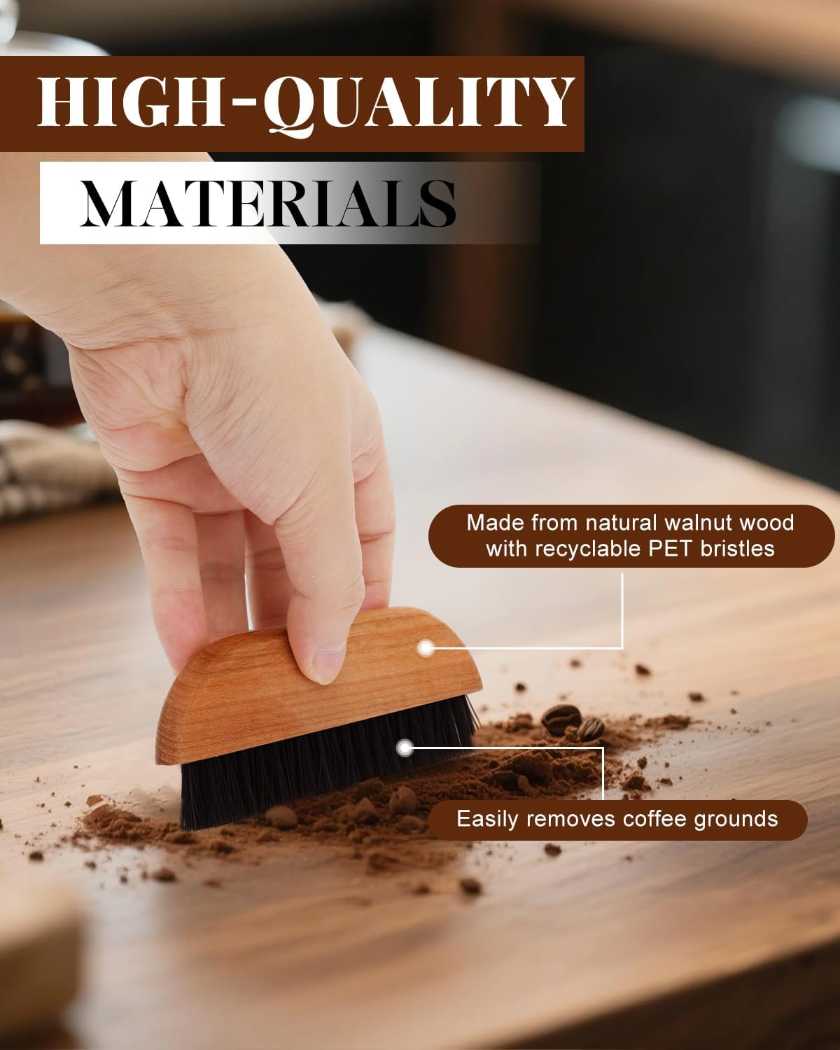 2 Pack Coffee Brush Set, Espresso Cleaning Brush - Ebony Bristle with Hanging Rope & Walnut Wood Espresso Brush for Espresso Machine, Grinder, Countertop, Compact Coffee Cleaning Tool