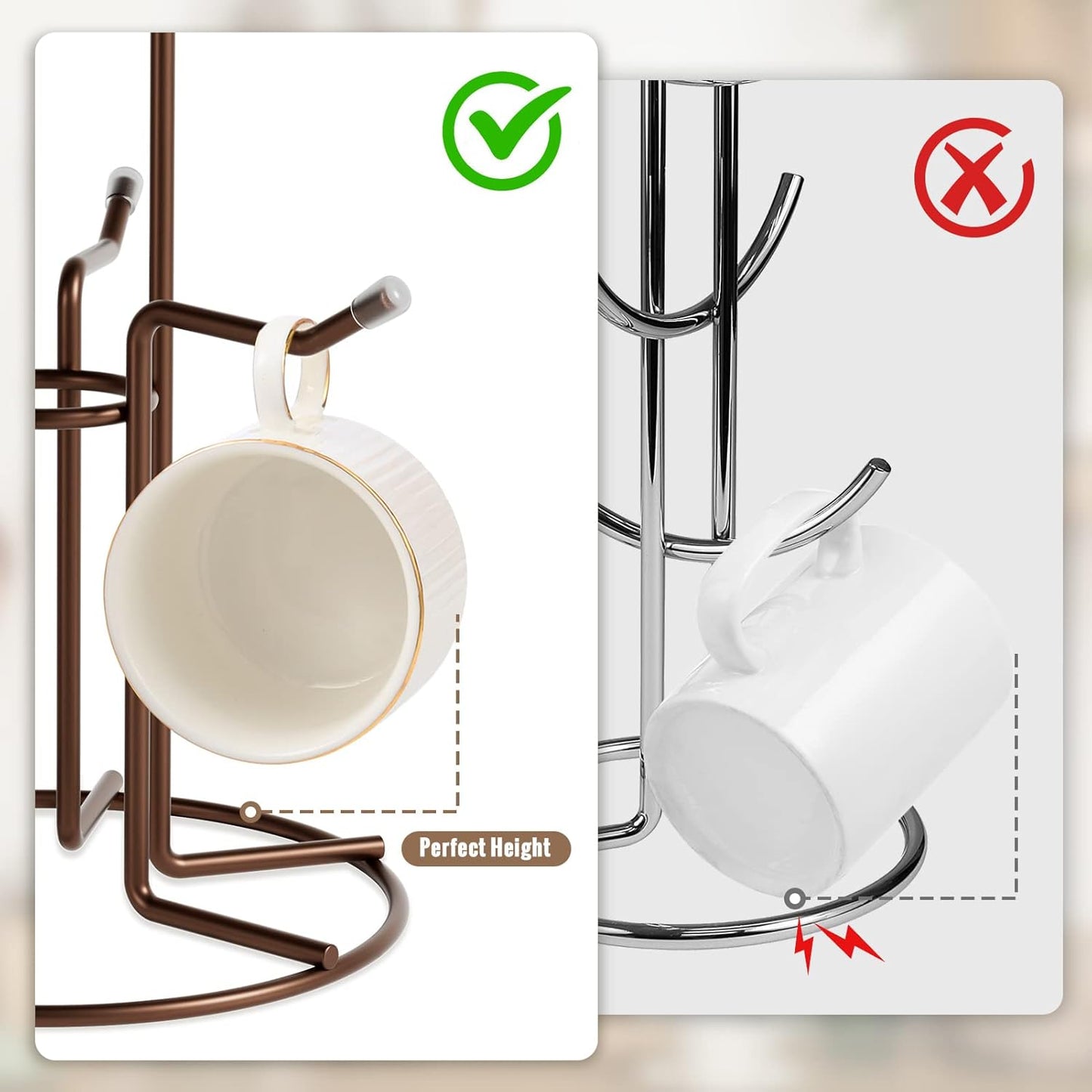 HULISEN Mug Holder for Large Cups, Mug Tree for Counter with 6 Hooks, Metal Coffee Mug Stand for Easy Pick, Place and Display, Coffee Bar Accessories and Decor, Free Standing Mug Rack, Brown