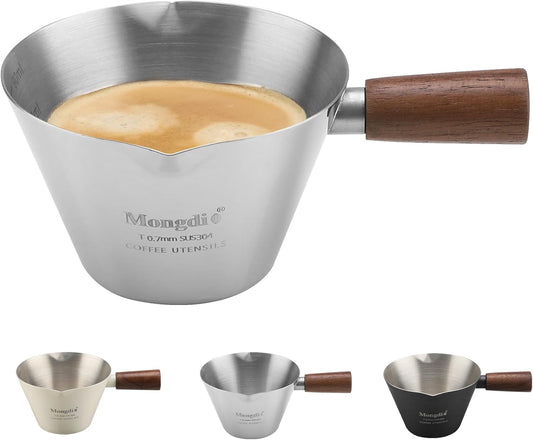 Mongdio Espresso Measuring Cup, Stainless Steel Espresso Shot Cups with Wooden Handle and Double Spouts, 3.4OZ/100ML, Silver