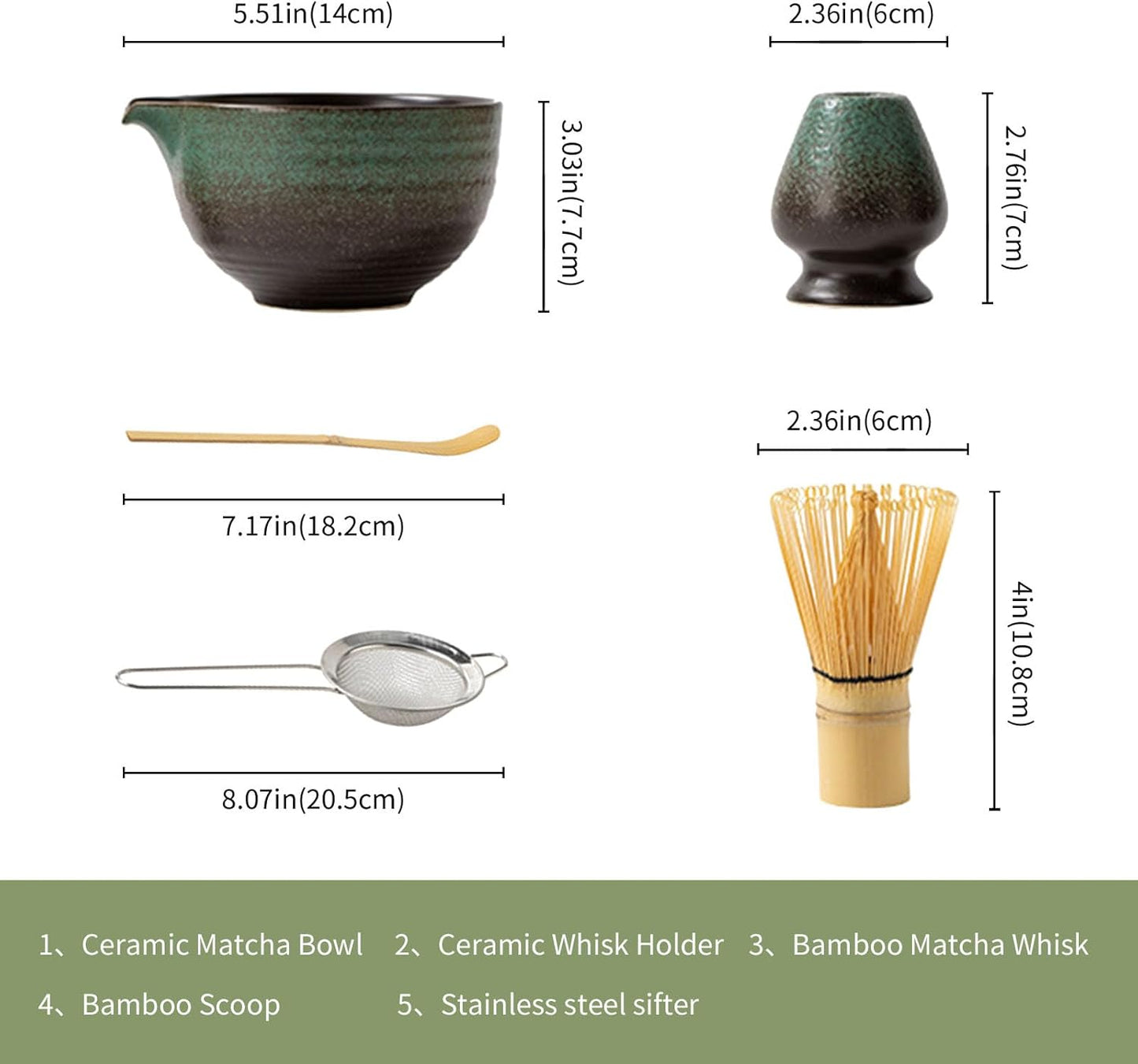 Matcha Whisk Set,Matcha Set Includes Ceramic Bowl with Spout,Stainless Sifter,Scoop,Whisk and Holder,Complete 5 Pcs Japanese Matcha Kit Making Tools,Green