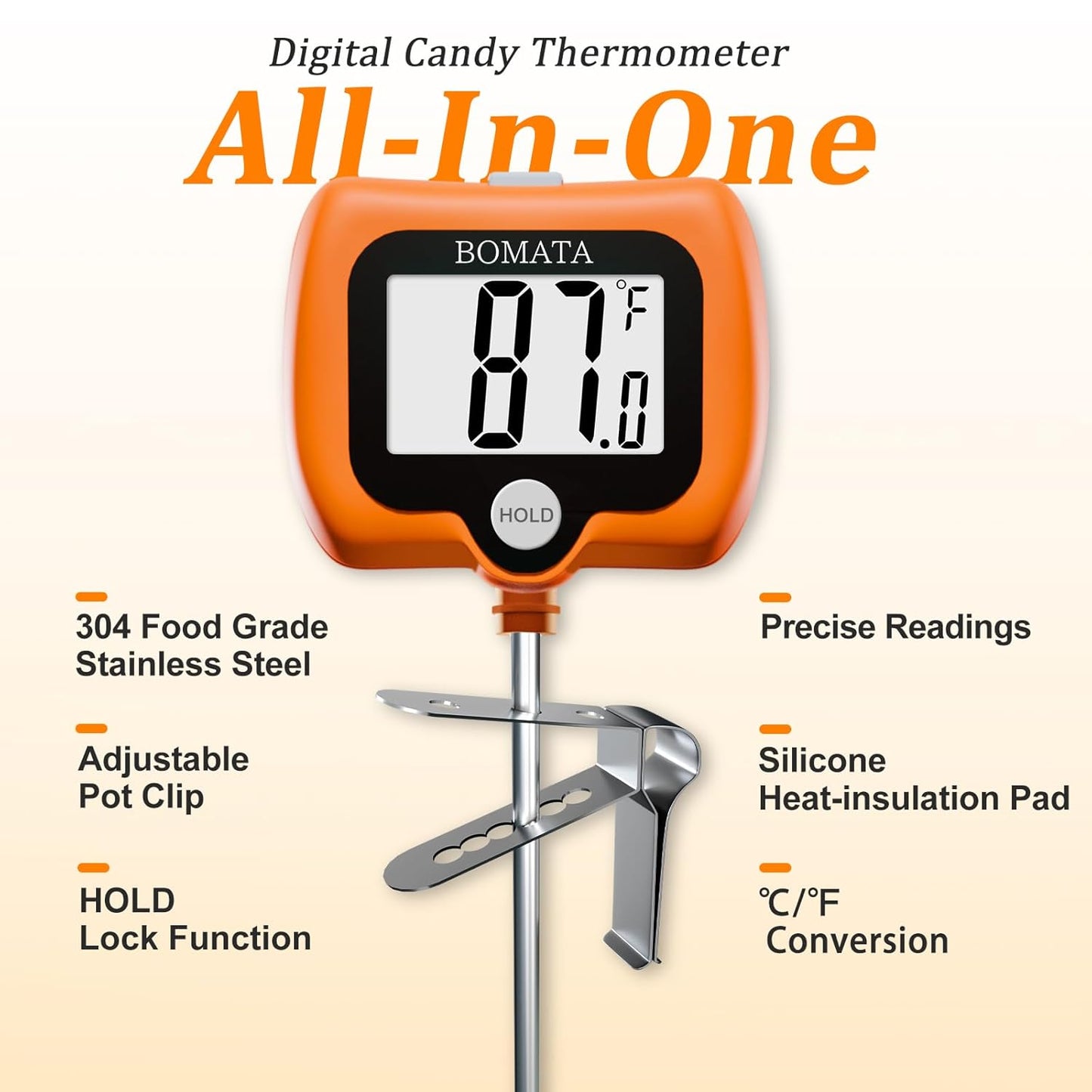 BOMATA Candy Thermometer with Pot Clip, Instant Read Cooking Thermometer with 8" Long Probe, Rotating Display, for Candy Making, Food, Candle Making, Liquids, Water, Baking, Sugar, Grilling. Orange