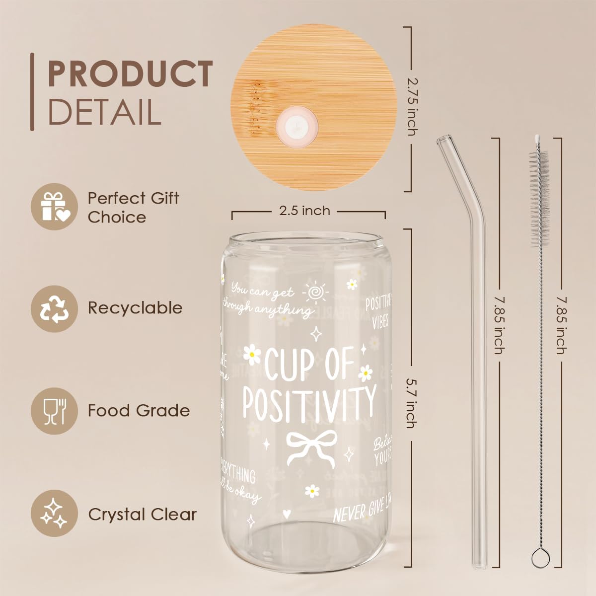 SANDJEST Inspiration Glass Can, Positive Motivational Cup with Lid & Straw, Iced Coffee Aesthetic Cups, Gift for Christmas Birthday Mother Day, Gifts for Women, 16oz
