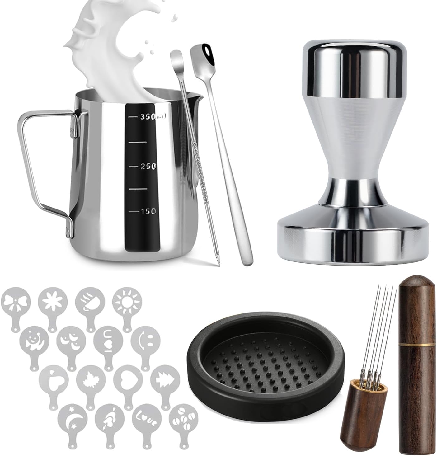 Espresso Accessories Kit 51mm Tamper: 51mm Espresso Tamper Set Espresso Kit Including Coffee Tamper, Milk Frothing Pitcher, WDT Tool Espresso, Tamper Mat, Latte Art Pen, Coffee Spoon, Coffee Stencils