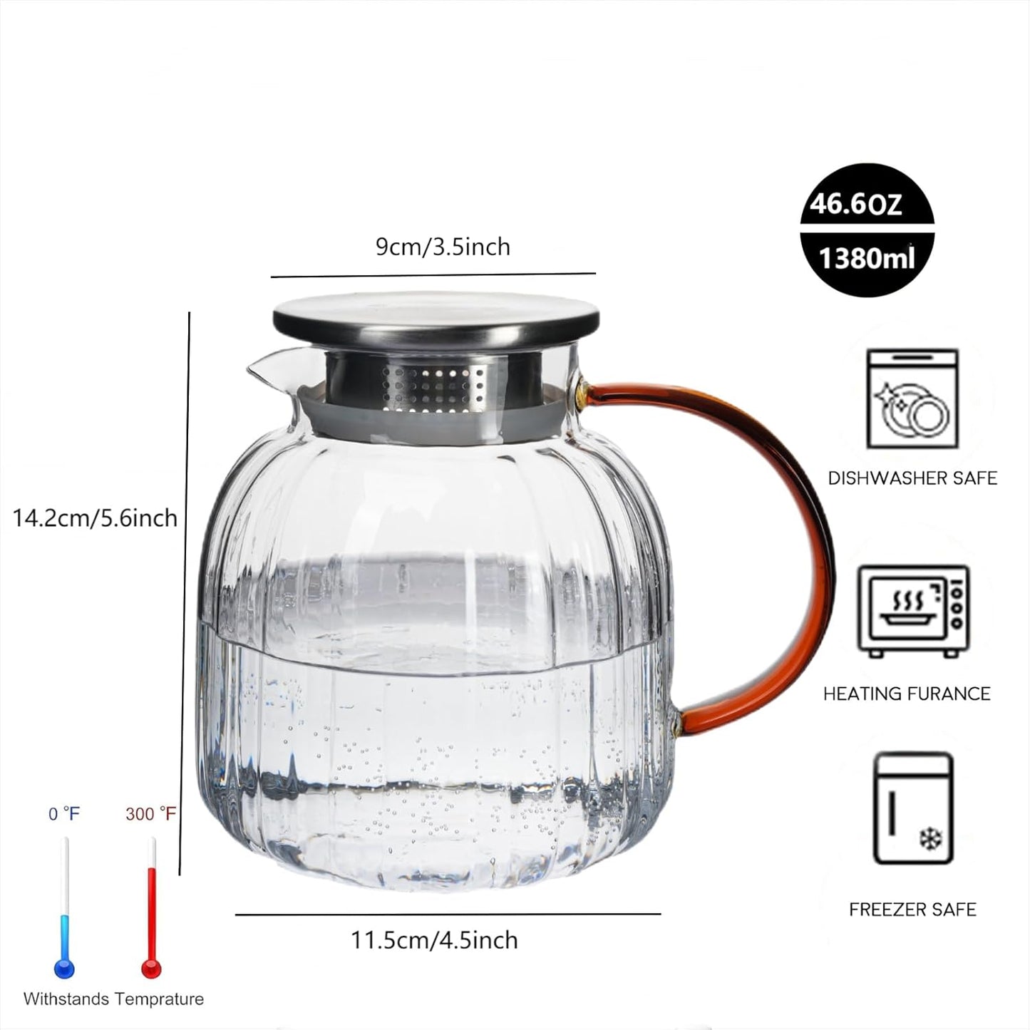 Glass Pitcher,46.7 oz/1380 ml,Hand Blown Glass Water Pitcher with Lid for Juice,Coffee, Tea, Milk, Hot Water and Iced tea,Father's Day Gifts