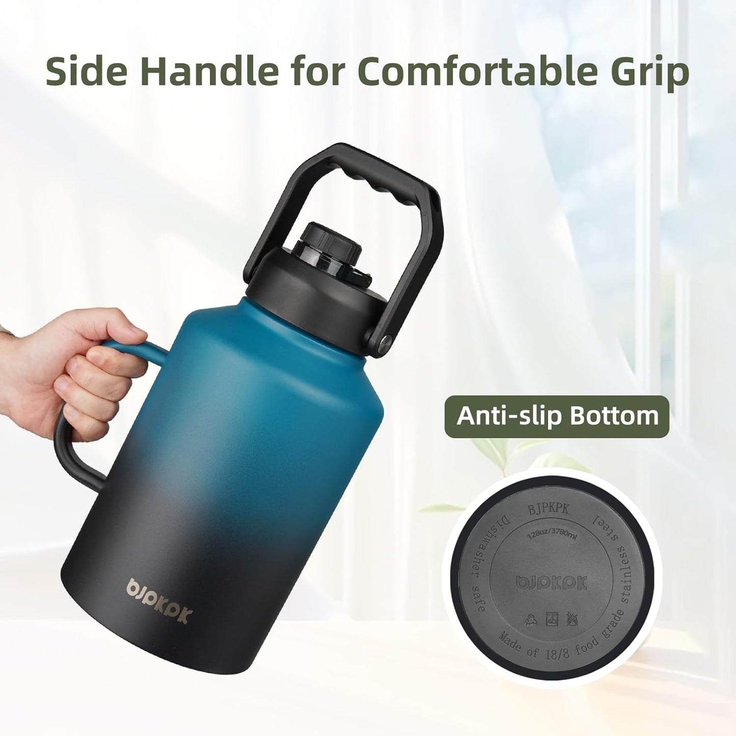 BJPKPK 1 Gallon Water Bottle with Handle, Large Dishwasher Safe 128oz Insulated Water Bottle, BPA Free Water Jug, Wide Mouth Metal Water Bottle with Anti-slip Bottom, Keep Cold & Hot,Blue & Black