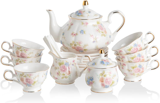 Sweejar Porcelain Tea Sets, Vintage British Floral Relief Gold Rimmed Teapot Cup and Saucer Set, Tea Set Service for 6, with Teapot, Sugar Bowl, Milk Jug, Spoons, Tea Cup and Saucer (Small Flower)