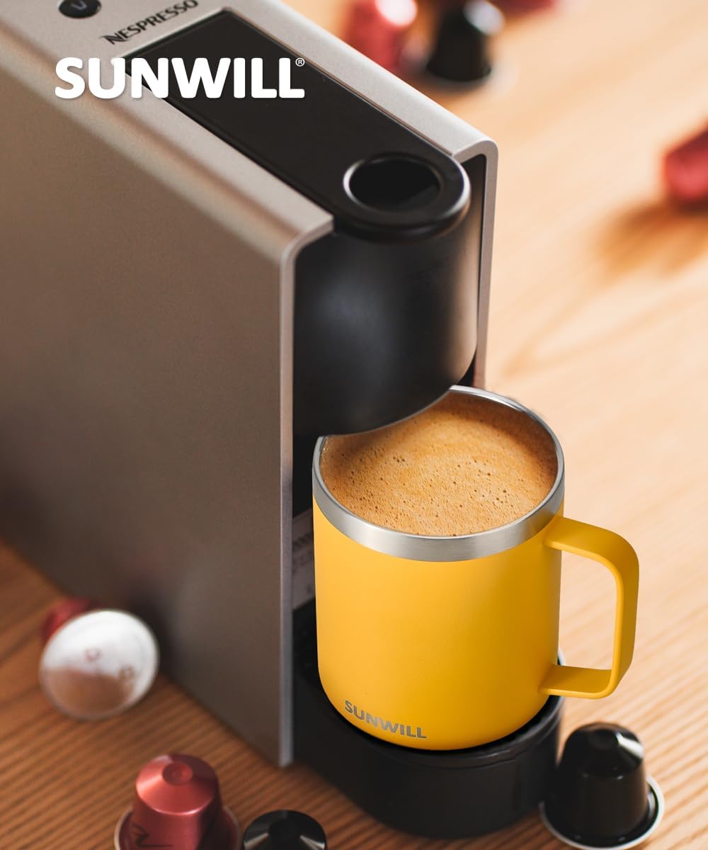 SUNWILL Travel Coffee Mugs Set of 4, Insulated Tumbler with Lid, 14oz Stainless Steel Cup with Handle Bulk for Gift, Camping, Office, Powder Coated Charcoal, Royal Blue, Magenta, Yellow