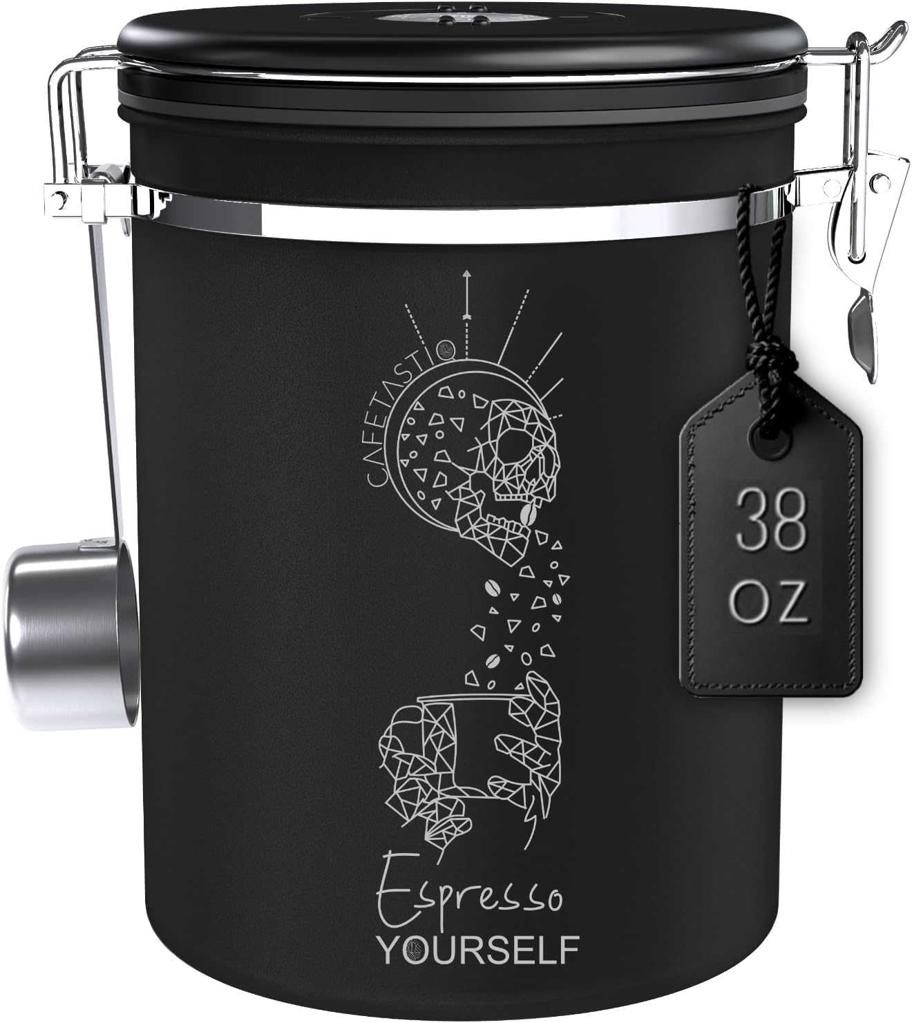 Large Coffee Canister – Airtight Stainless Steel Storage Container with Date Tracker & Scoop, Sealed Jar for Grounds, Beans, Tea, Flour, Cereal, and Sugar (Black Esspresso, 38OZ)
