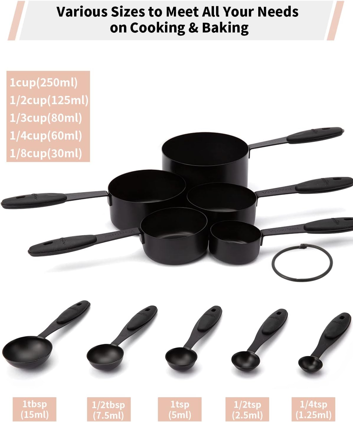 Joyhill Measuring Cups and Spoons Set of 10 Piece, Stainless Steel Measuring Cups with Soft Touch Silicone Handles, Nesting Metal Measuring Cup for Dry & Liquid Ingredients, Cooking & Baking (Black)