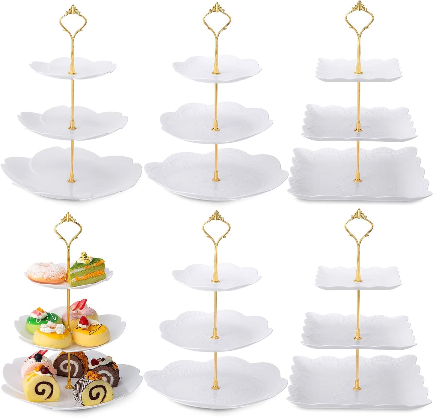 Sawysine 6 Pack 3 Tiers Dessert Stand Plastic Cupcake Stand Serving Trays Cupcake Display Stand Cookie Tray for Party and Platter for Home(Gold)