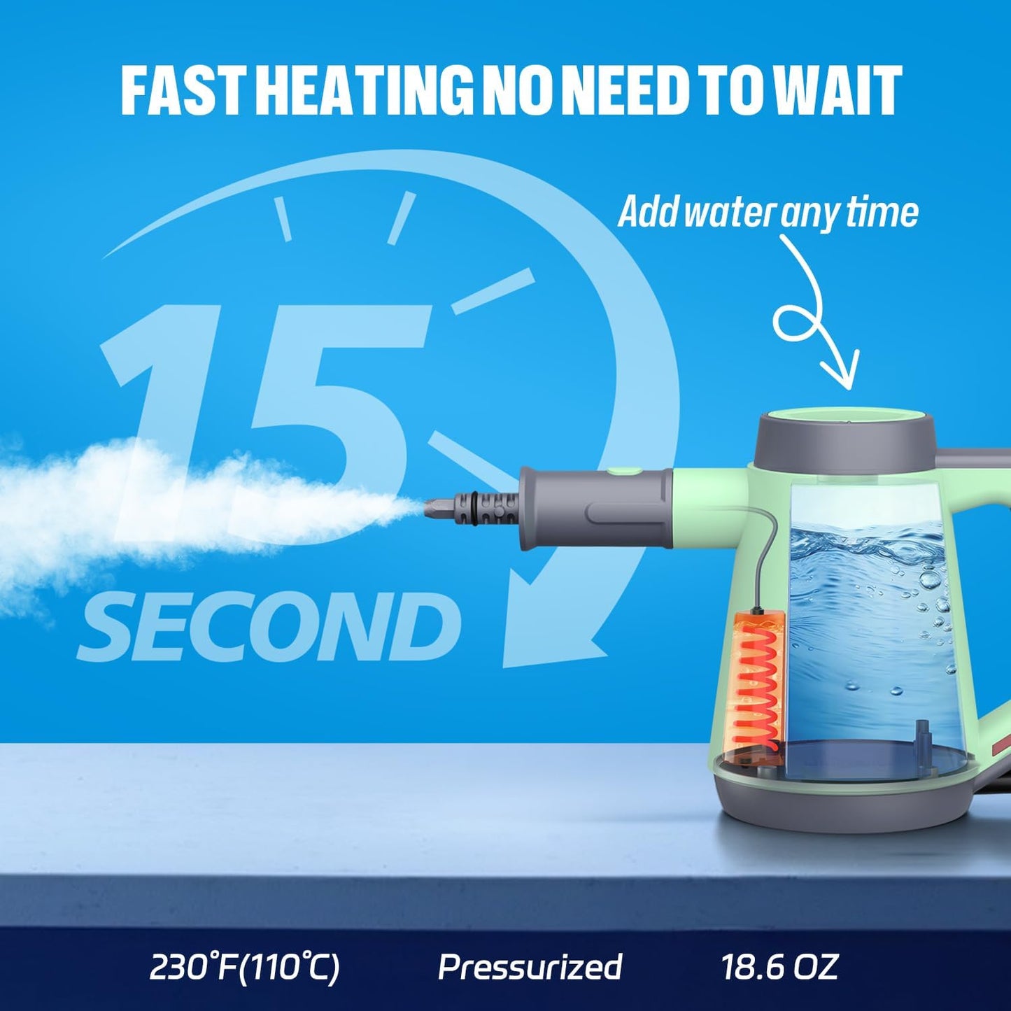 Handheld Pressurized Steam Cleaner - 15s Quick Start, Multi-Functional for Home, Kitchen, Bathroom, 8 Attachments, Chemical-Free, Safe & Efficient Cleaning Solution