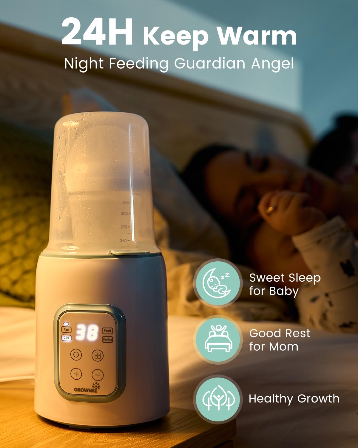 GROWNSY Baby Bottle Warmer, 8-in-1 Fast Baby Milk Warmer with Timer for Breastmilk or Formula, Accurate Temperature Control, 24H Keep, Food Heater&Defrost BPA-Free Bottle Warmer for All Bottles- Green