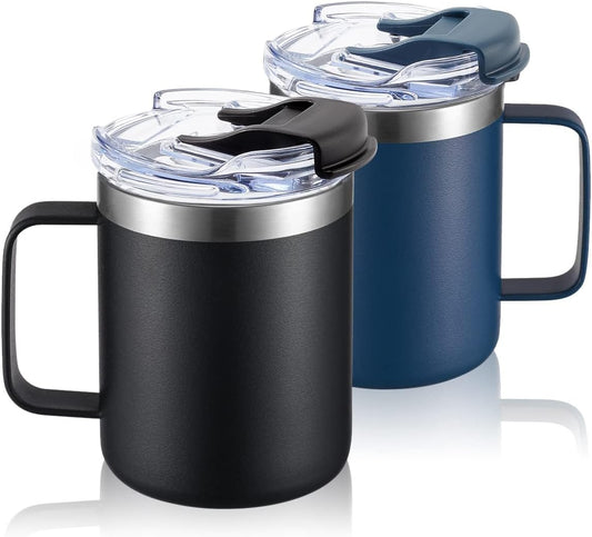 ALOUFEA 12oz Stainless Steel Insulated Coffee Mug with Handle, Double Wall Vacuum Travel Mug, Tumbler Cup with Fliping Lid, Black and Navy