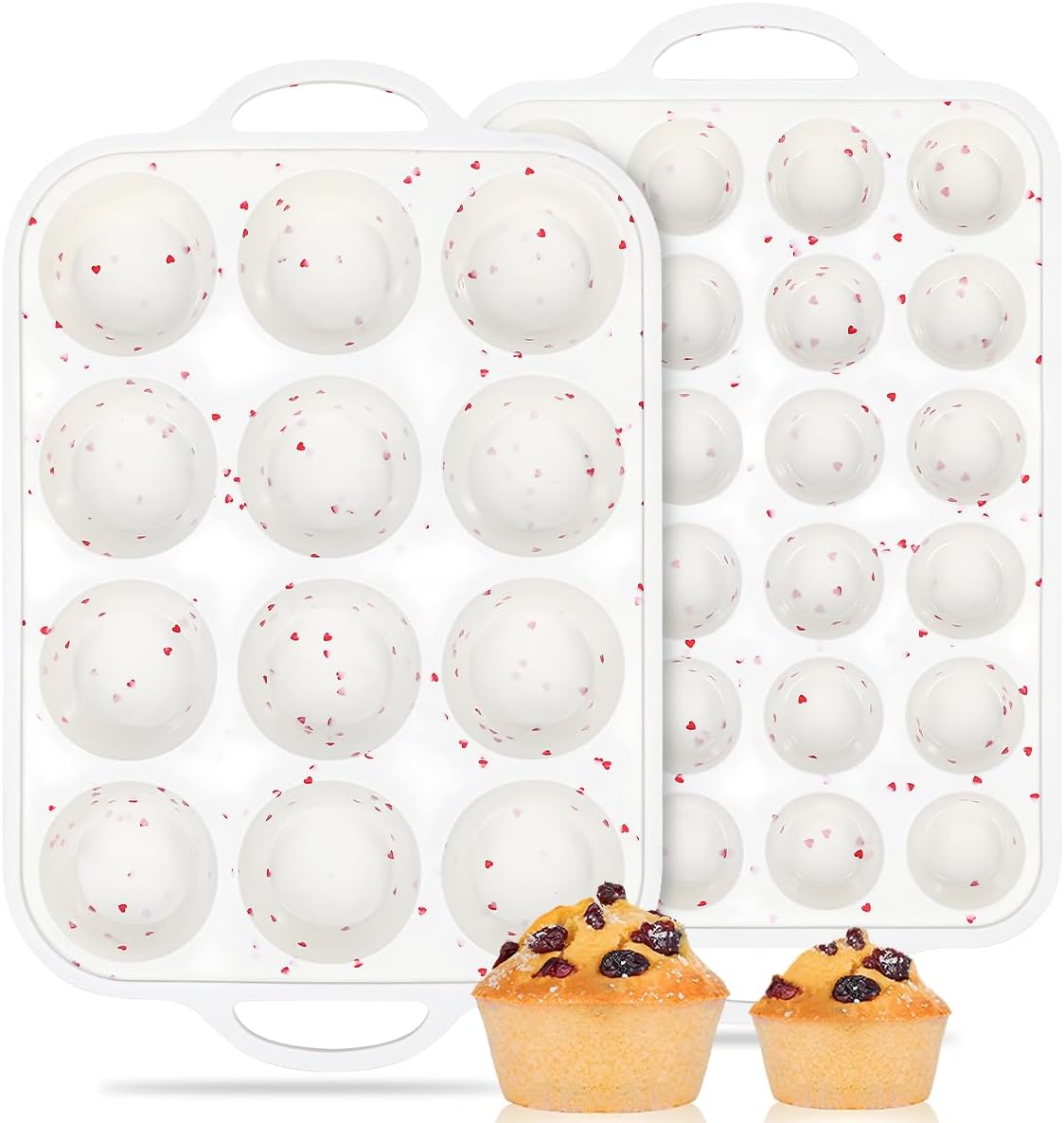 CAKETIME Silicone Muffin Pans for Baking, Metal Reinforced Frame Regular 24 Cups & Mini 12 Cups Cupcake Pan Nonstick Muffin Pan for Homemade Baking Easy to Handle