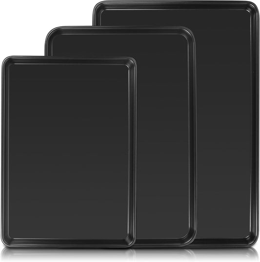 Baking Sheet Pan Set of 3, Commercial Cookie Sheets for Baking, Nonstick Half/Quarter/Jelly Roll Pans Replacement Toaster Oven Tray, Heavy Duty & Easy Clean, Dark Black