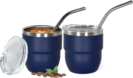 4oz Stackable Cup, Vacuum Insulated Espresso Cup Set of 2, Espresso Shot Glass for Coffee, Double Wall Stainless Steel Mini Tumbler Shot Glasses with Straw and Lid (A-navy2P, 4oz)