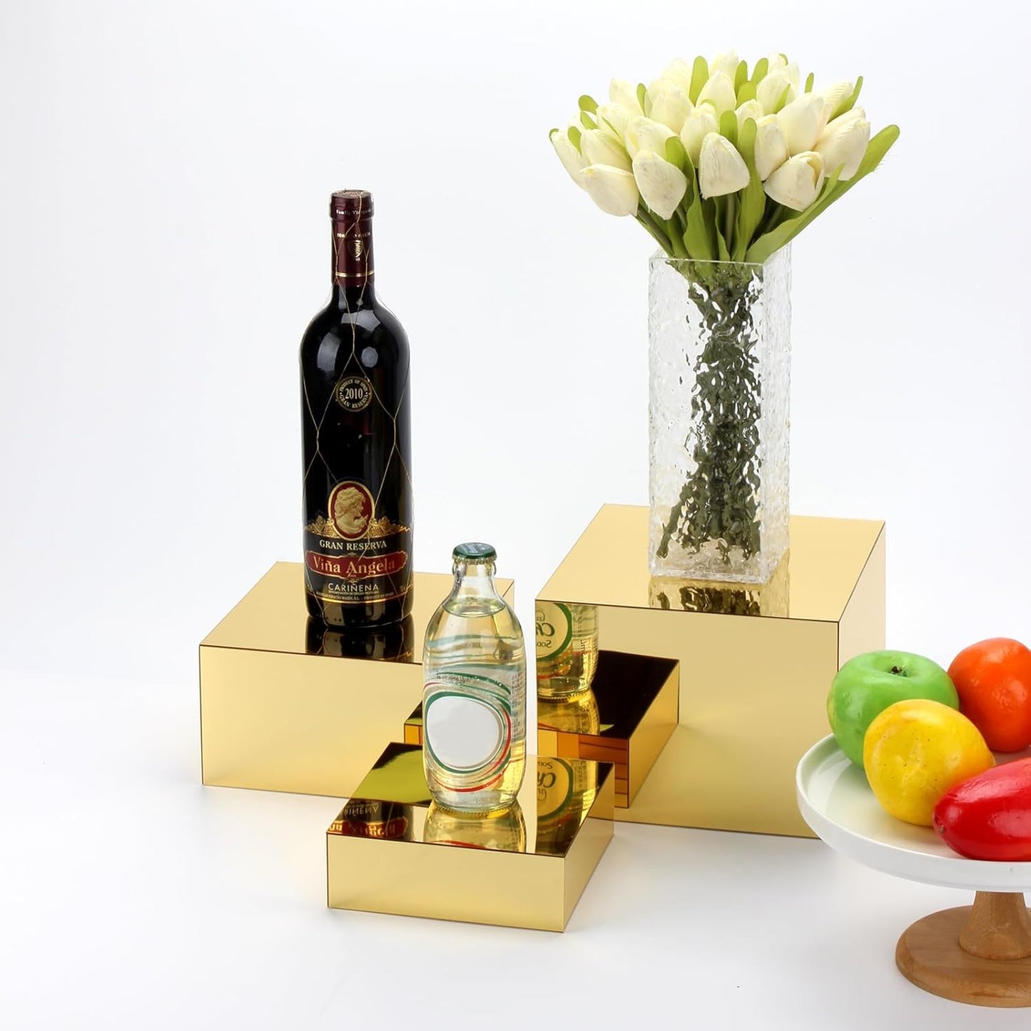 3-Piece Nesting Risers - Mirror Gold Acrylic Display Stands for Catering, Dessert, Jewelry & Party