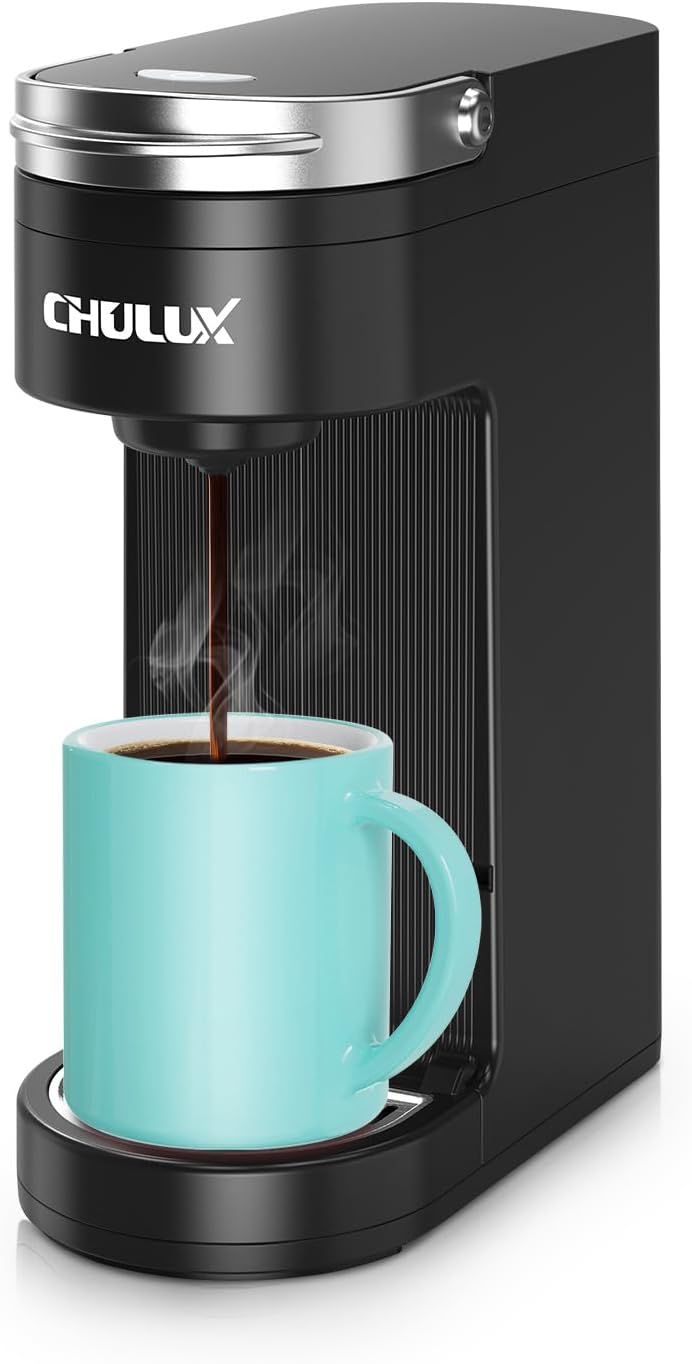 CHULUX Slim Single Serve Coffee Maker for K Cup, Mini Travel One Cup Coffee Machine for Home, Desk, Kitchen and Bedroom, Fits Travel Mug, Black