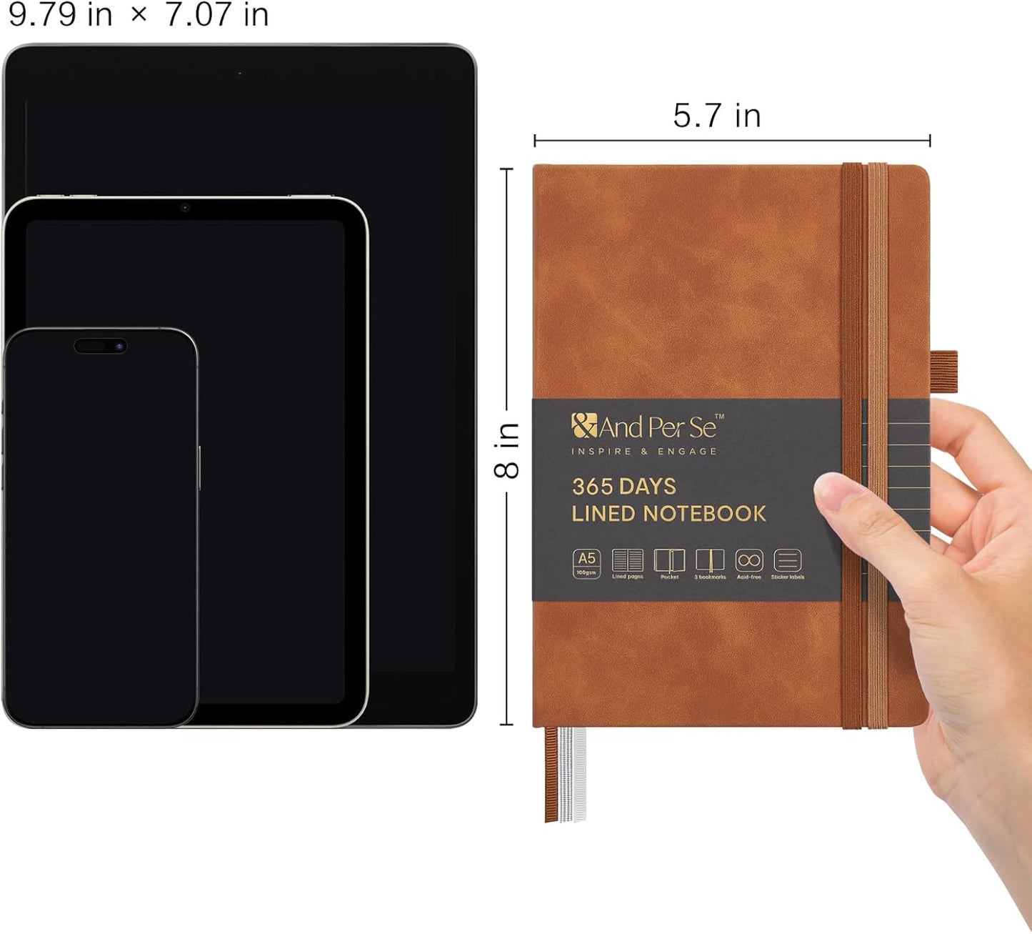 &And Per Se Lined Journal Notebook, 365 Pages, A5, 5.7'' x 8'' 100GSM Thick Paper, Journals for Writing, Hardcover Notebooks for Women Men (Brown)