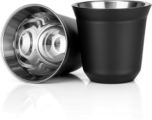 RECAPS 80ml Stainless Steel Espresso Cups Set - 2 Pack Double Wall 304 Stainless Steel Demitasse Cups 2.7oz,Black (Small Cup)