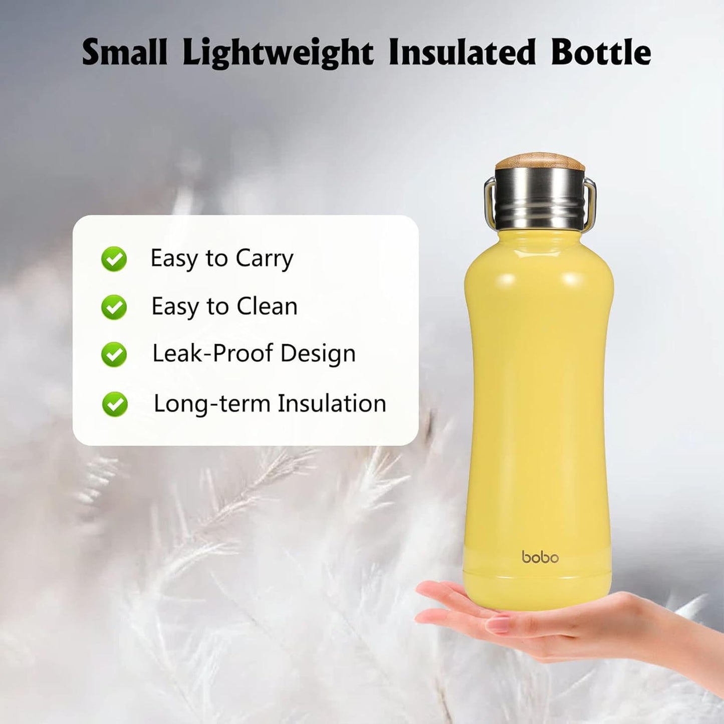 YOHKOH Mini Insulated Water Bottle With Bamboo Lid - 11.8oz Small Vacuum Insulated Water Bottle for Women Kids, 12 Hrs Hot & 24 Hrs Cold Stainless Steel Thermos Leak-Proof BPA-Free (11.8oz,Yellow)