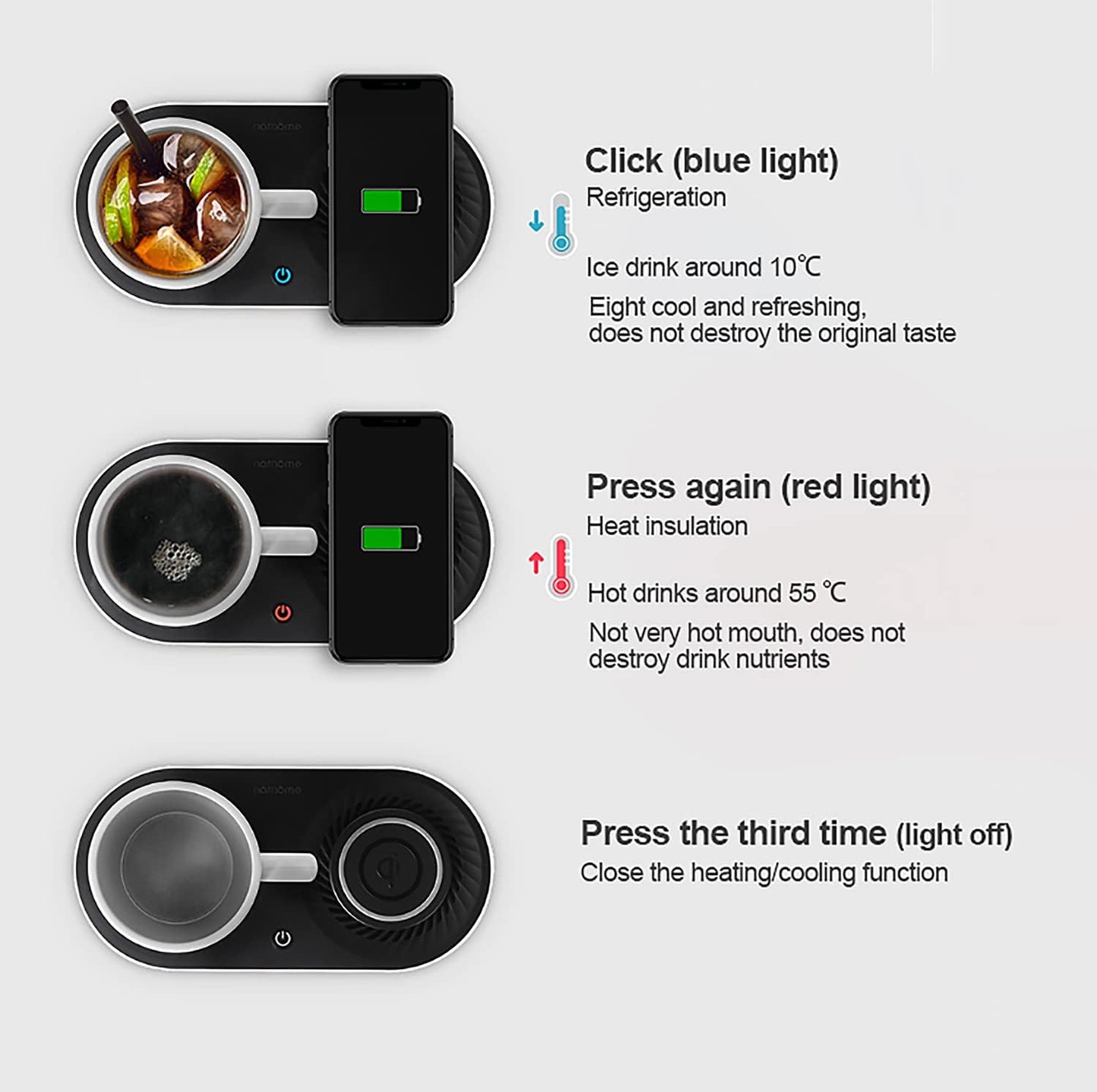 Coffee Mug Warmer, Drink Cooler with Wireless Charger, Smart Cup Warming, Beverage Cooling and Phone Charging 3 in 1 for Desk Office Gift