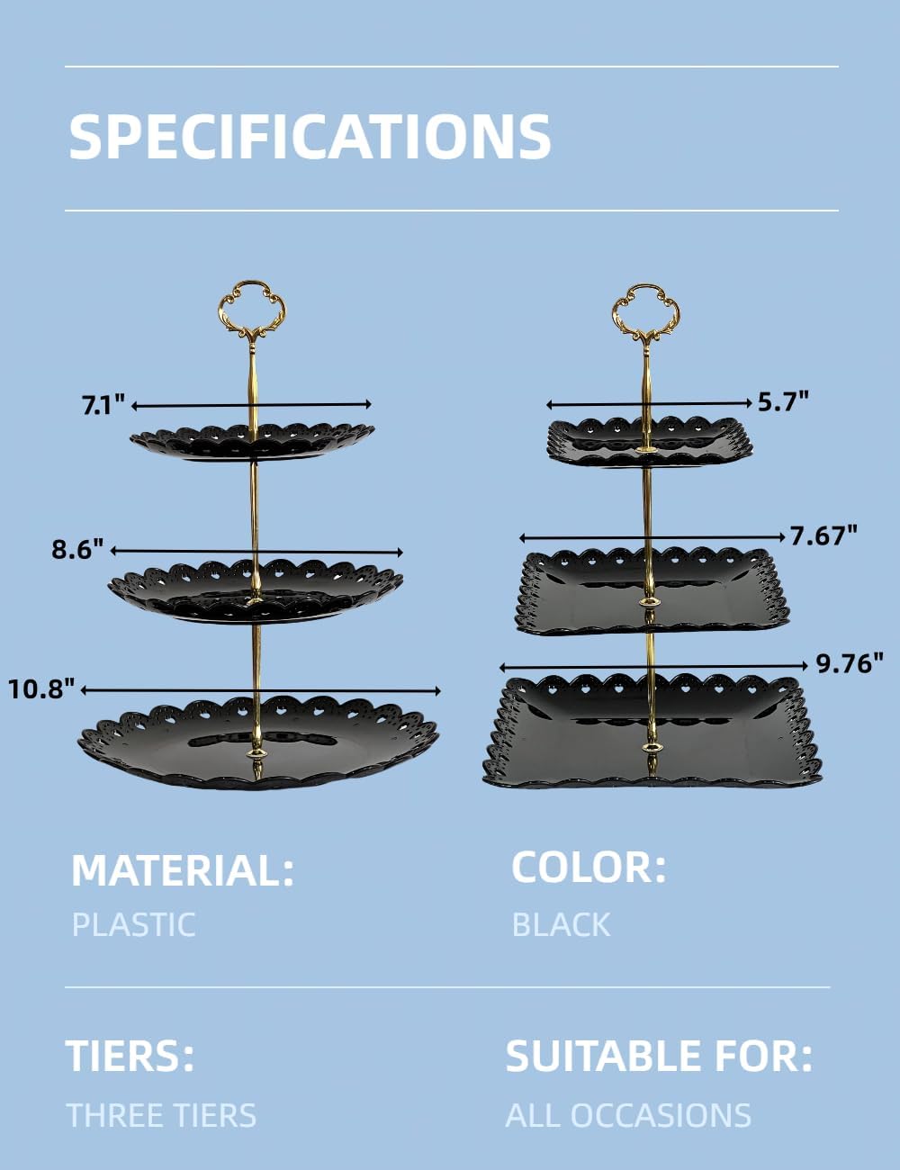 RAUVOLFIA 2 Pack of Plastic Round & Square Dessert Cupcake Stand, 3 Tier Cup Cake Holder Tower for Tea Party/Birthday/Wedding, Plastic Tiered Serving Tray (Black)