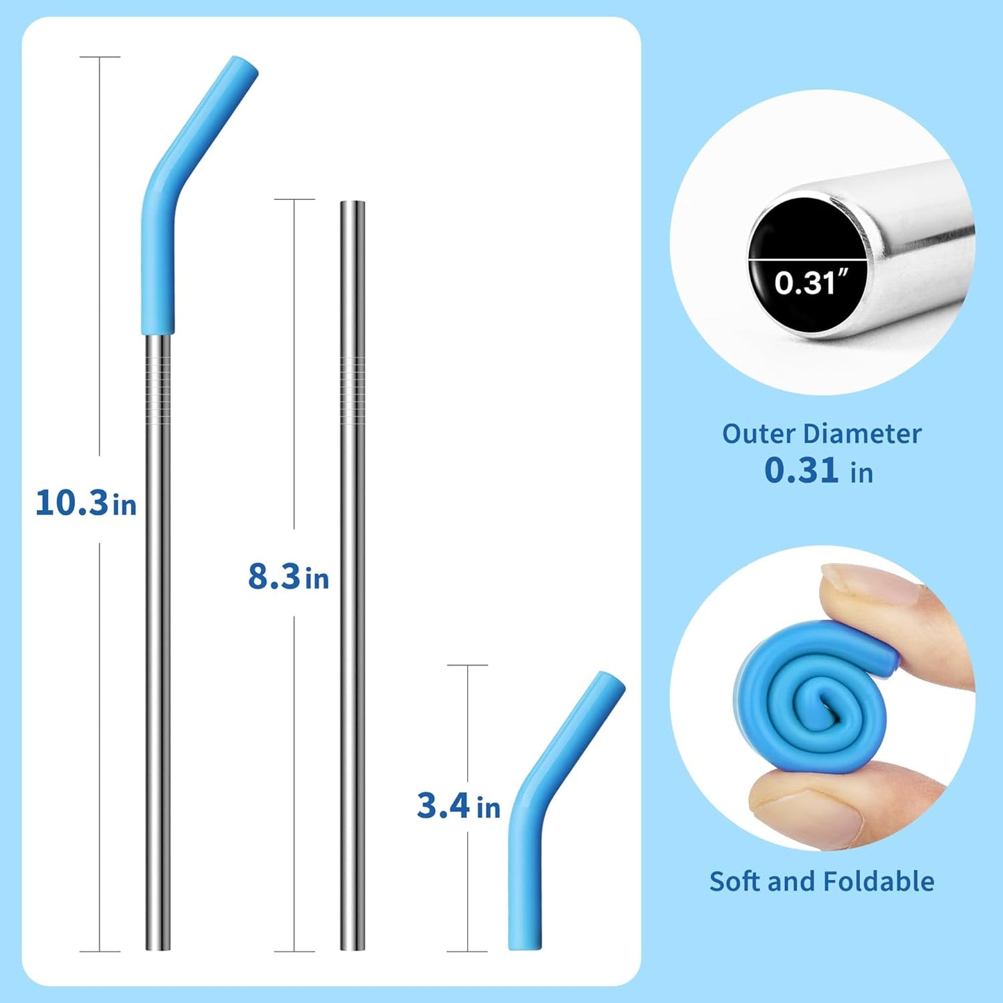 Metal Straws Reusable With Silicone Tips for Yeti 20 oz Tumbler, 8.5" Stainless Steel Straight Drinking Straw- 2 Cleaning Brushes & 1 Portable Bag