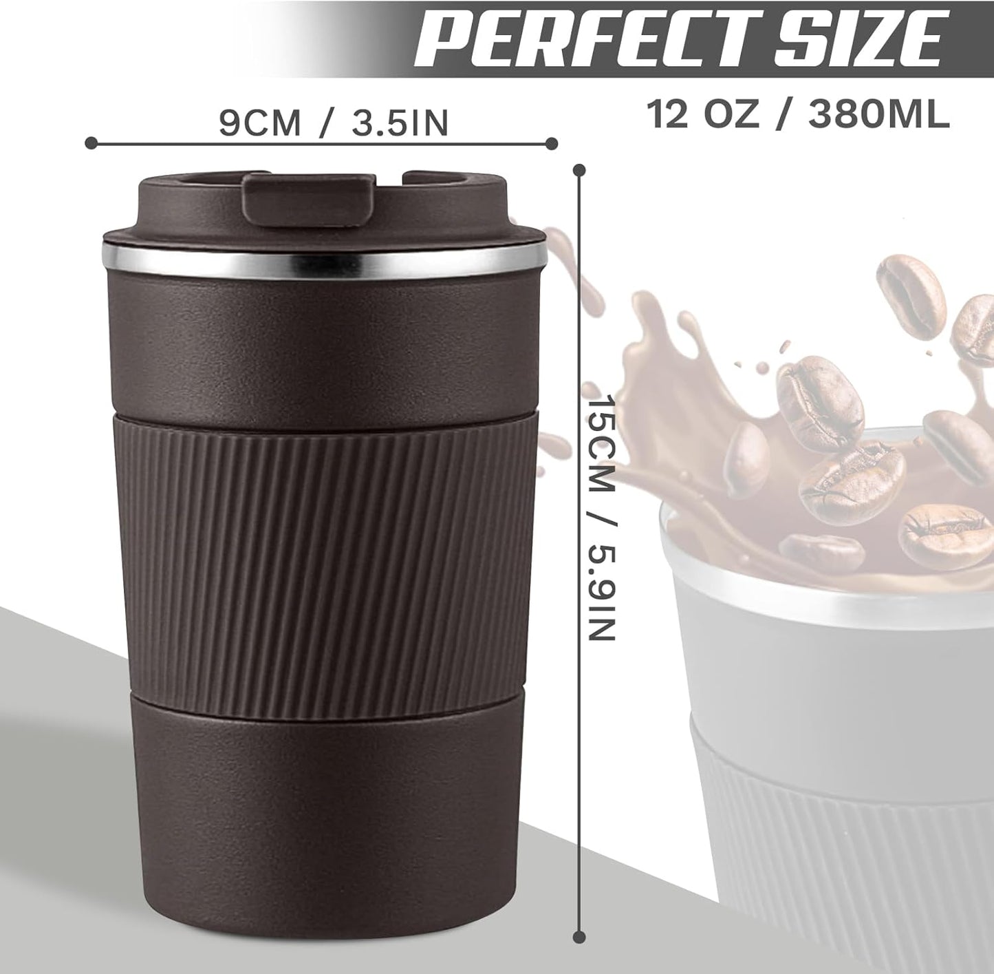 Vacuum-Insulated Stainless Steel Travel Coffee Mug, Leak-Proof Reusable Coffee Cup with Lid - Keep Hot & Cold Drinks for Hours, Durable Thermos Tumbler for Men & Women (3rd-Dark Coffee, 12OZ)