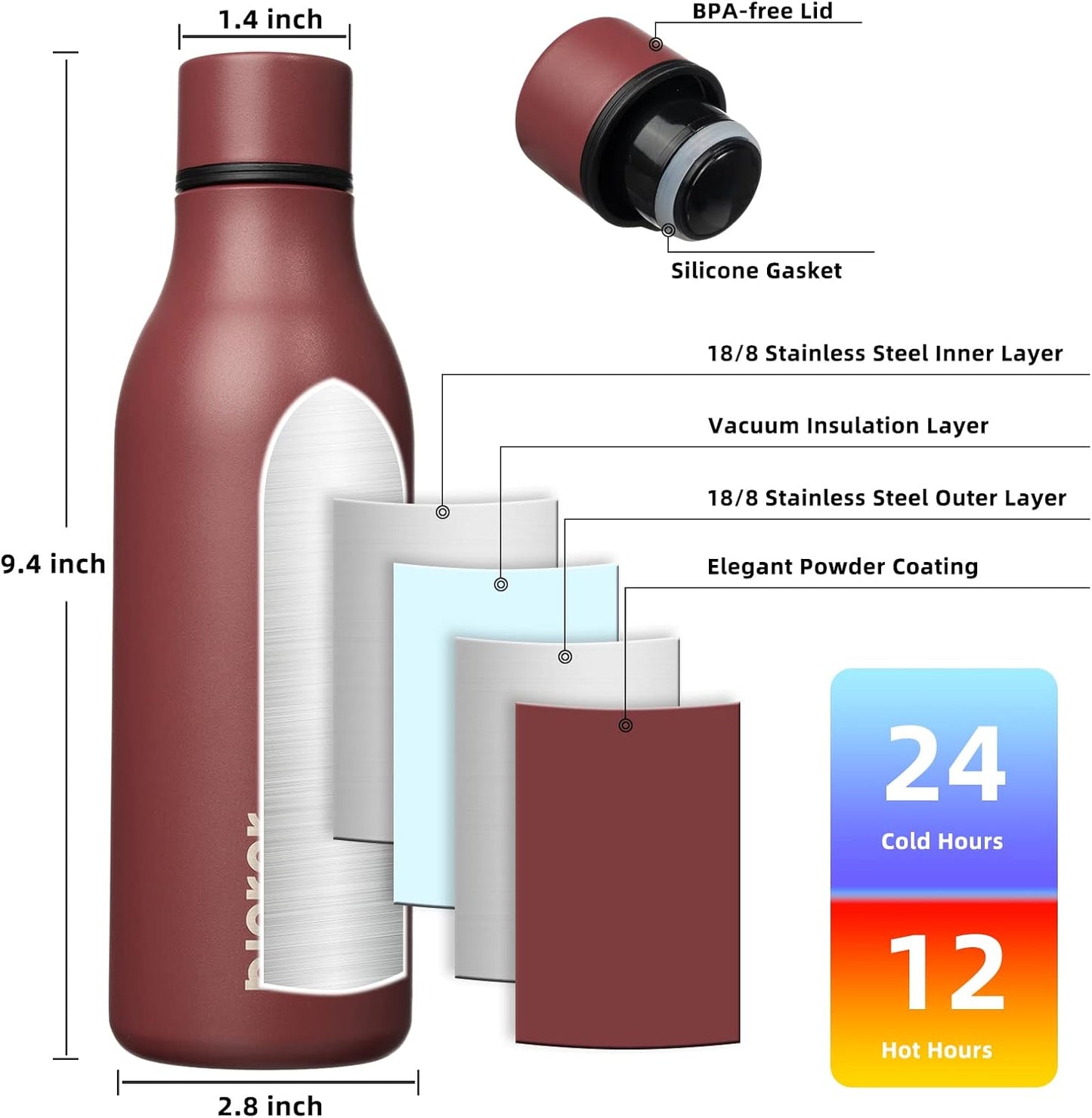 BJPKPK Insulated Water Bottles, 18 oz Stainless Steel Metal Water Bottle with Strap, BPA Free Leak Proof Thermos, Mugs, Flasks, Reusable Water Bottle for Sports & Travel, Brick Red