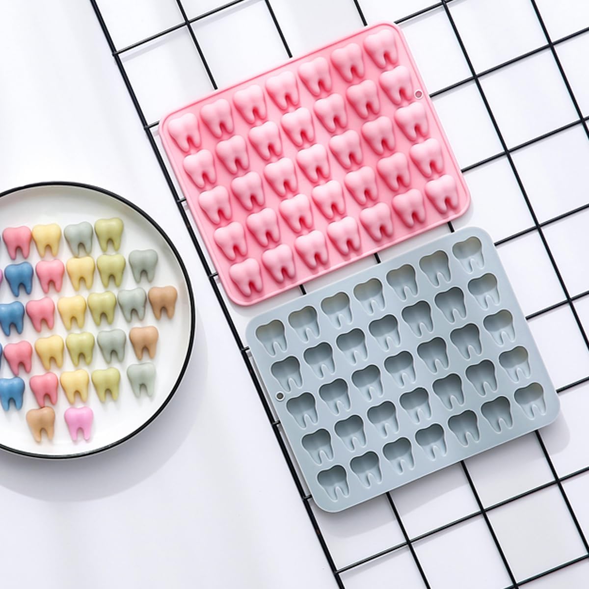 Unique Tooth Shape Candy, Chocolate Silicone Molds Set, 70 Cavity, Non Stick Mold for Gummy, Cupcake Topper, Snack, Biscuit, Handmade Diy, 2 Count, Pink