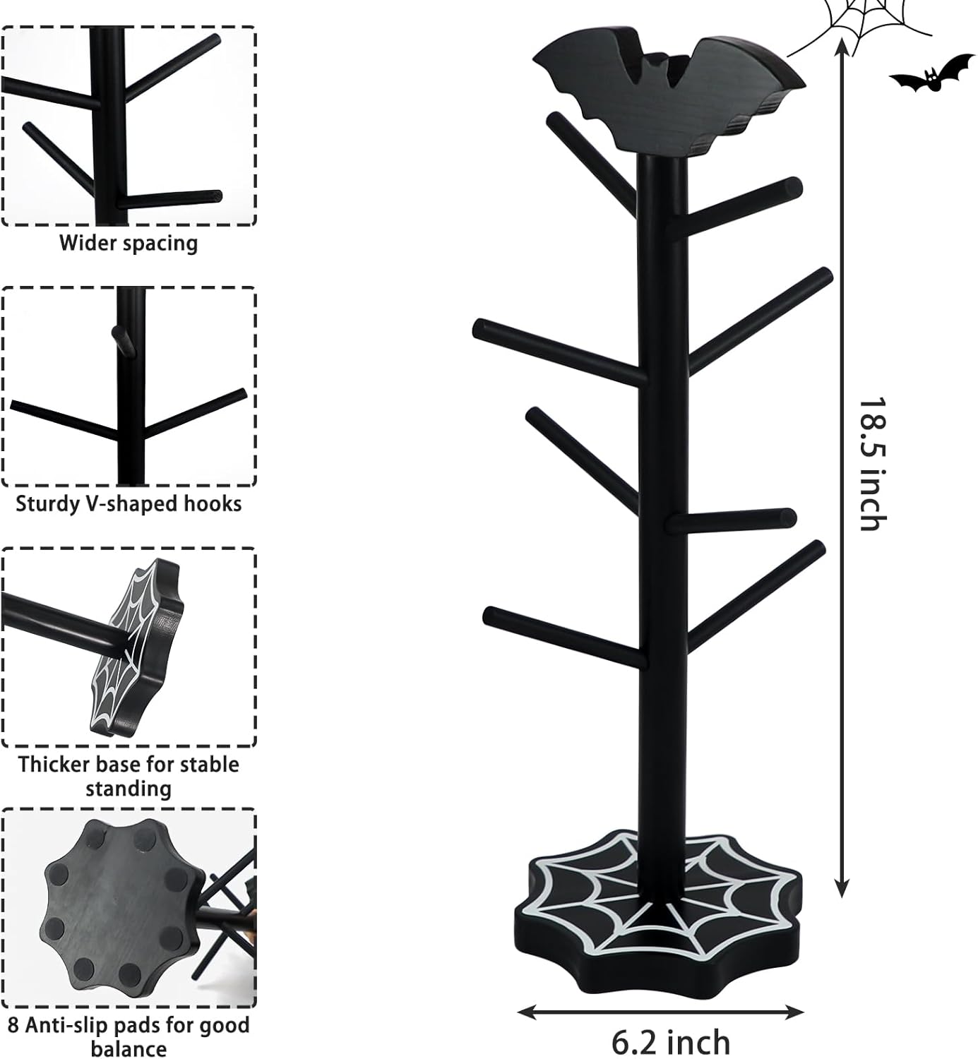 Bat Mug Holder Tree - 8 Hooks Coffee Mug Rack - Gothic Home Decor Wood Coffee Mug Tree for Countertop - Coffee Cup Holder for Halloween Kitchen Organizer & Coffee Bar Accessories (Spider Web)