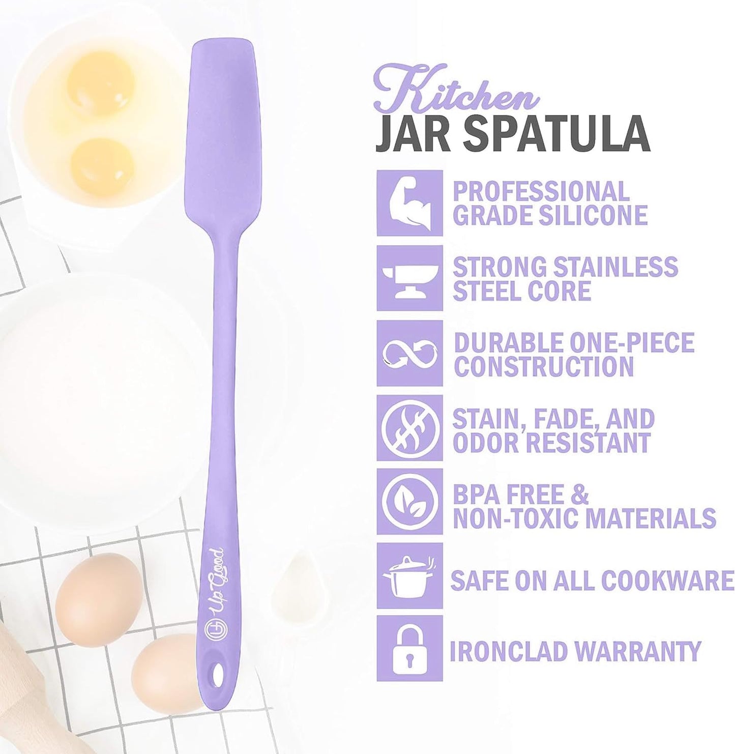 Silicone Jar Spatula | 600F Heat Resistant Non-Stick Rubber Scraper | Perfect for Jars, Smoothies, Blenders | One Piece Utensils | Durable Kitchen Cookware (UpGood Professional Spatulas, Purple)