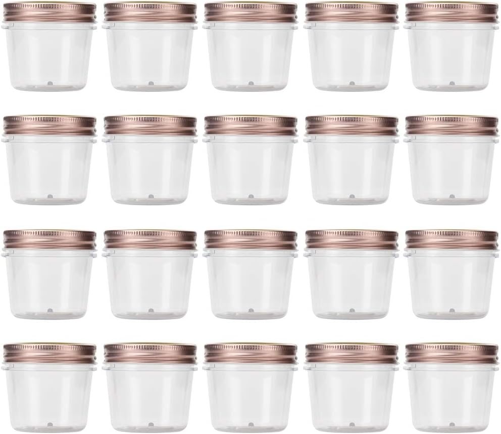 novelinks 4 oz Clear Plastic Jars with Rose Gold Lids – Small Round Refillable Storage Containers for Spices, Food, Crafts, and DIY Gifts – BPA-Free, Leakproof, 20 Pack