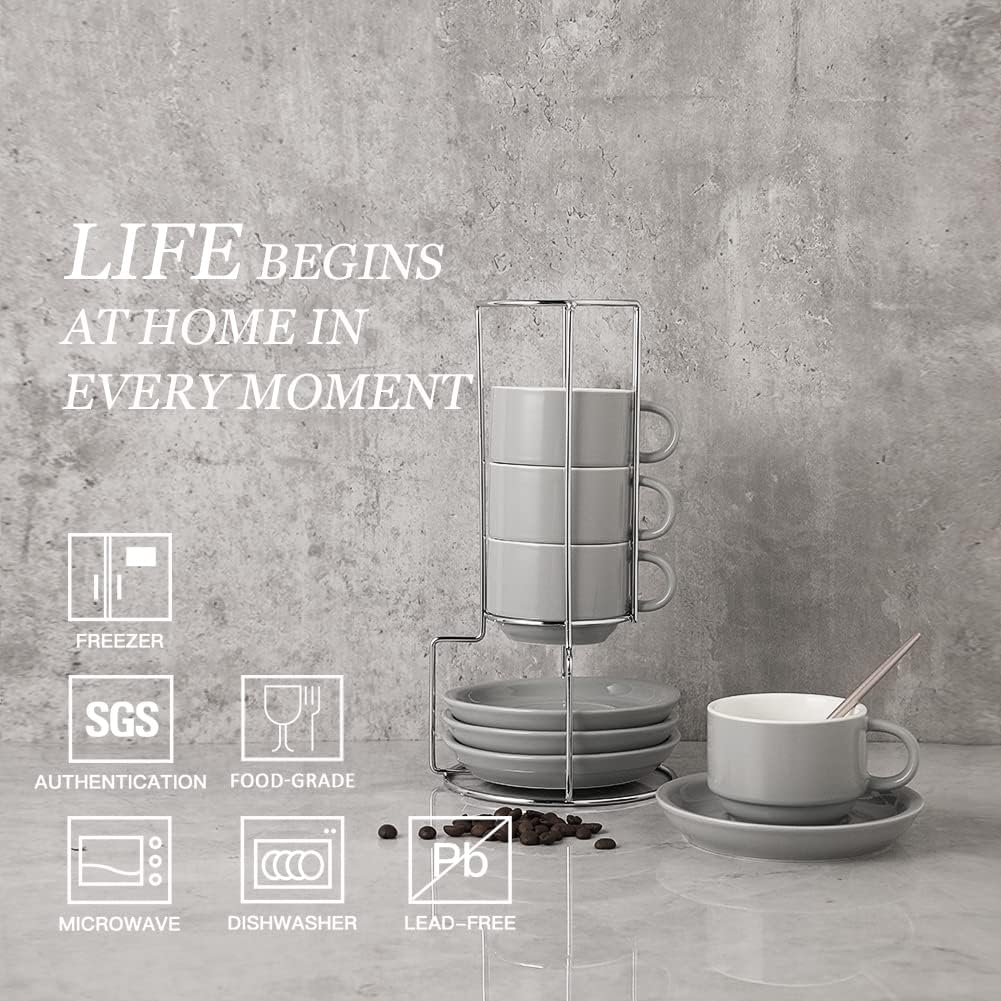 Sweejar Porcelain Espresso Cups with Saucers, 4 Ounce Stackable Cappuccino Cups with Metal Stand for Coffee Drinks, Latte, Tea - Set of 4 (Gray)