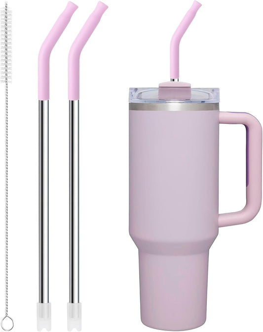 Snowfall Metal Straw for Stanley 30 OZ, 2 Pcs Reusable Long Stainless Steel Drinking Straws with Silicone Tip, 1 Straw Brush, BPA Free (Purplish Pink)