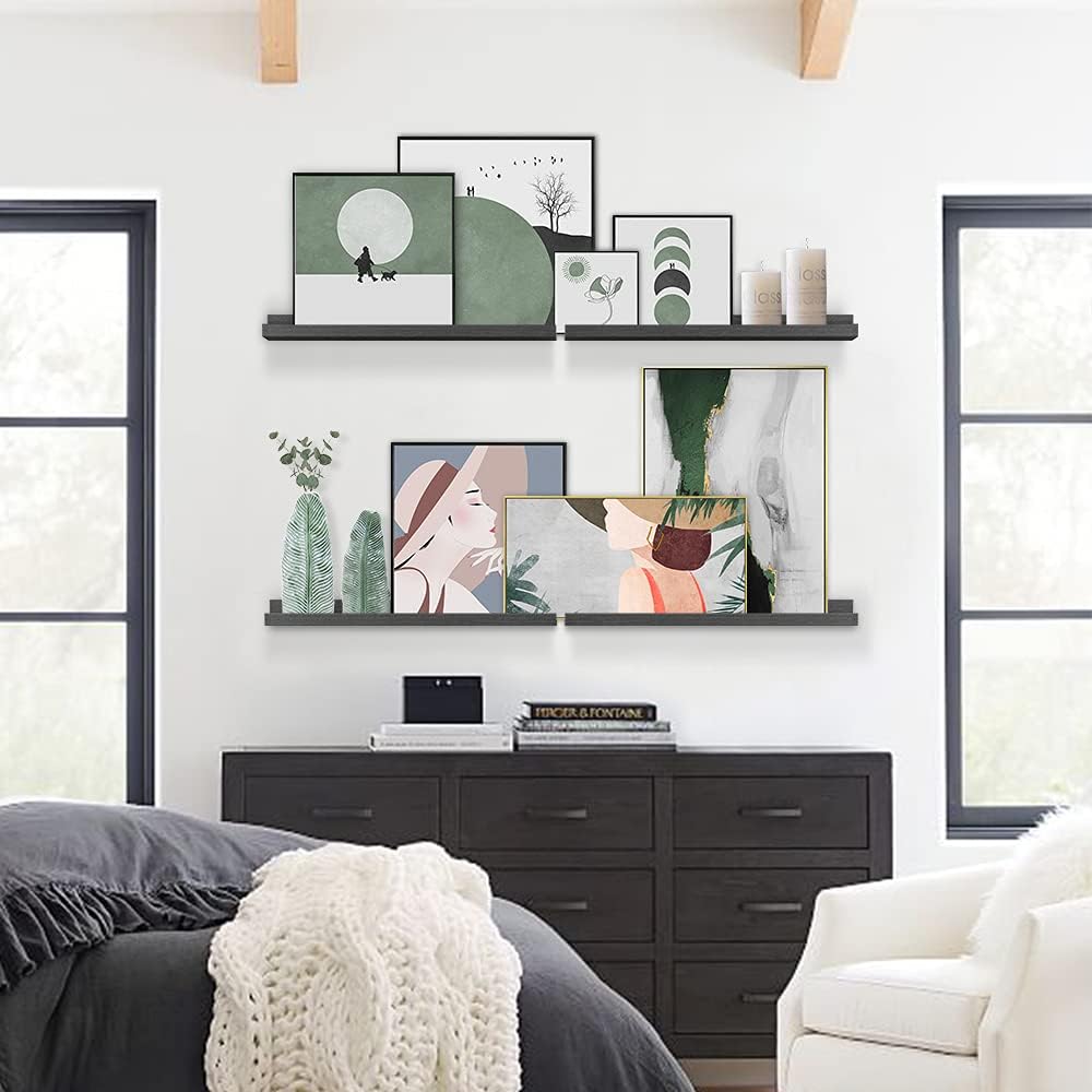 Forbena 24 Inch Long Picture Ledge Shelf Set of 4, Black Wood Floating Shelves with Lip for Wall, Rustic Display Shelves for Living Room Bedroom Bathroom Office Photo Frames Plants Books Art Decor