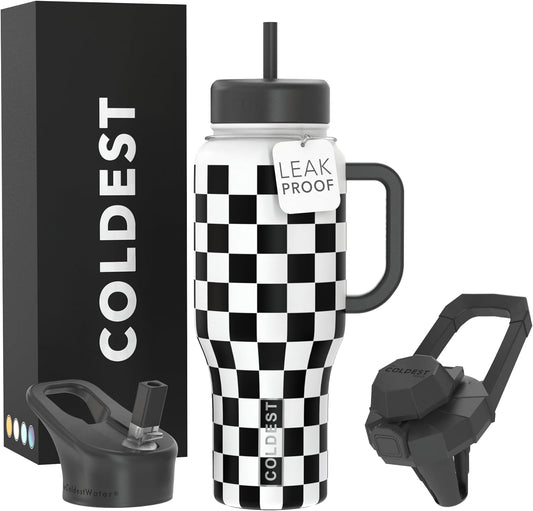 Coldest 40 oz Tumbler with Handle and Straw, 100% Leak Proof Insulated Tumbler with Lid and Straw (3 Lids), Stainless Steel Tumblers for Women & Men, Cup Holder Friendly, 36 oz (Black Checkers)