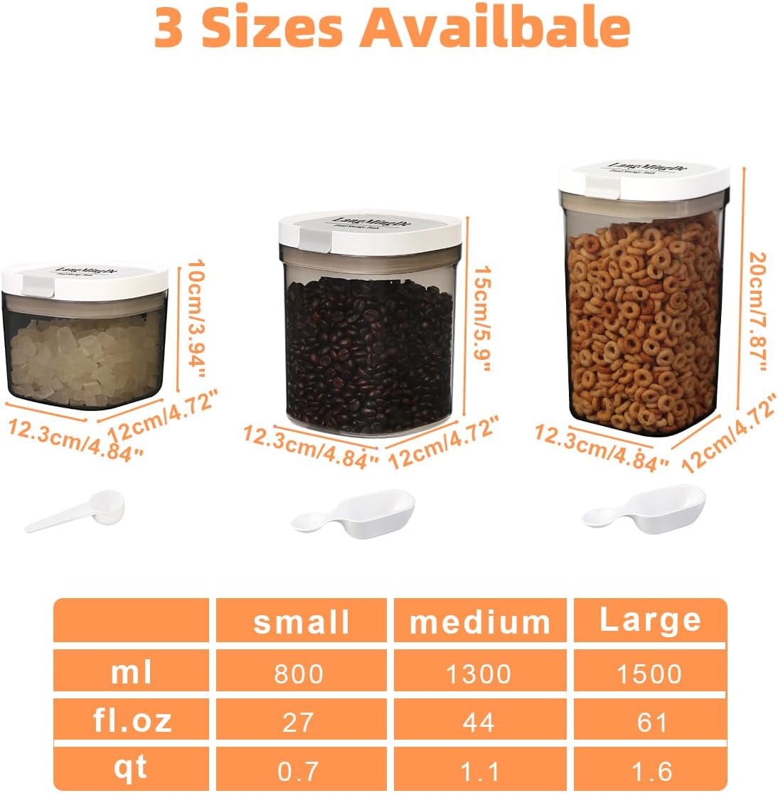 3 Piece Airtight Kitchen Storage Canisters Set, Coffee and Dry Food Storage Containers, BPA-Free, Stackable, Easy-Clean, Perfect for Coffee, Flour, Sugar, Includes Scoop