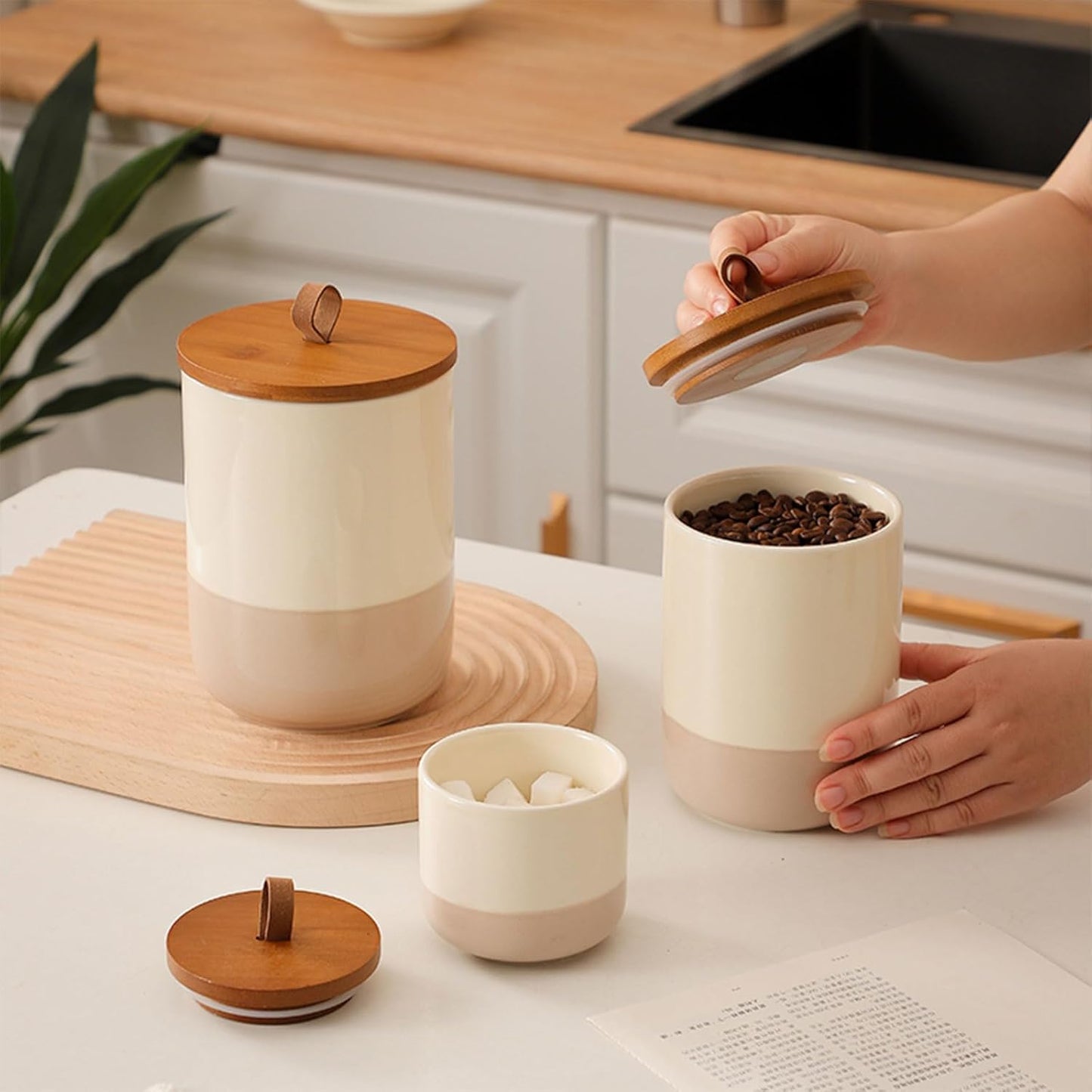 Coffee Canister, Ceramic Food Storage Jars with Lids Salt Matcha Container Brown Sugar Container Bowl for Kitchen Tea, Coffee Beans, Spice (#001Khaki-44oz/1300ml)