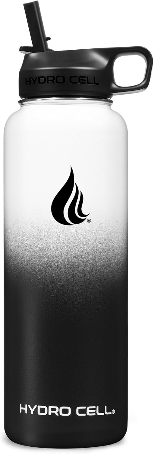 HYDRO CELL Stainless Steel Insulated Water Bottle with Straw - For Cold & Hot Drinks - Metal Vacuum Flask with Screw Cap and Modern Leakproof Sport Thermos for Adults (Black/White 40oz)