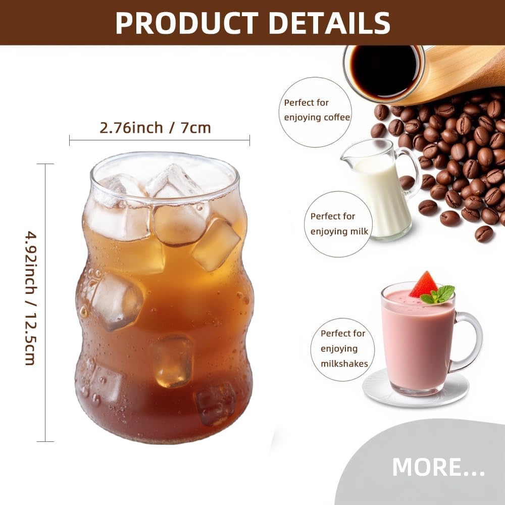 2 Pcs Ribbed Glass Cups, 18oz Vintage Ripple Drinking Glasses Glassware for Iced Coffee, Juice, Milk, Cocktails, Water, Cold Beverages