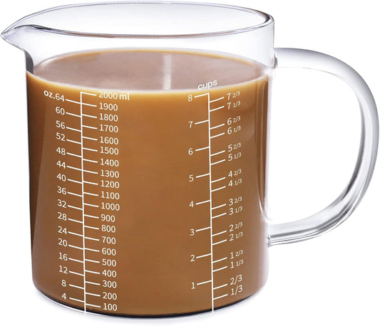 77L Glass Measuring Cup, [Insulated handle, V-Shaped Spout], High Borosilicate Glass Measuring Cup for Kitchen or Restaurant, Easy To Read, 2000 ML (2 Liter, 8 Cup)