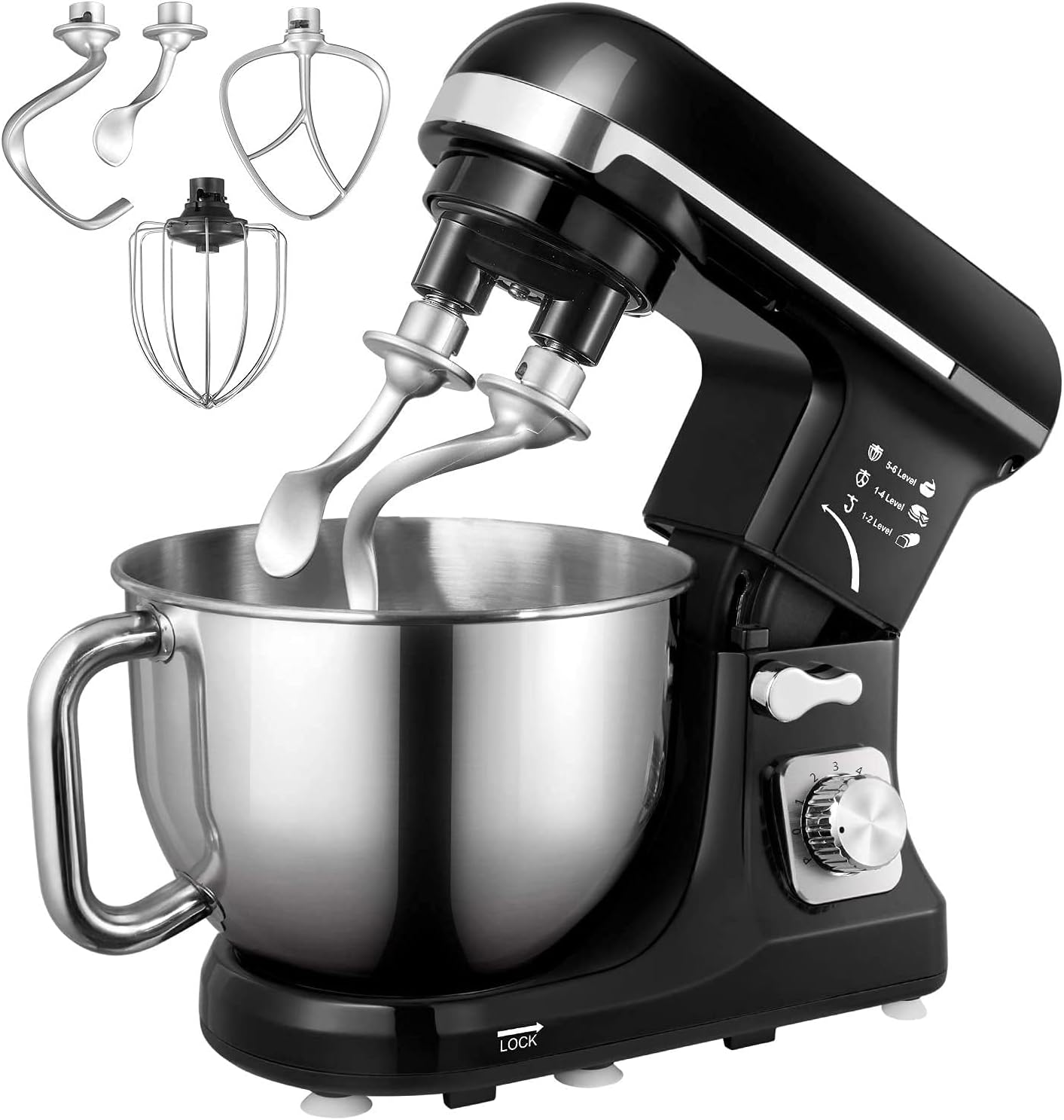 Stand Mixer Fohere, with Double Dough Hook, Wire Whip & Beater, 6+ P Speed Tilt-Head Food Mixer, Pouring Shield for Home Cooking, Dishwasher Safe Stainless Steel Bowl with Handle (Black)