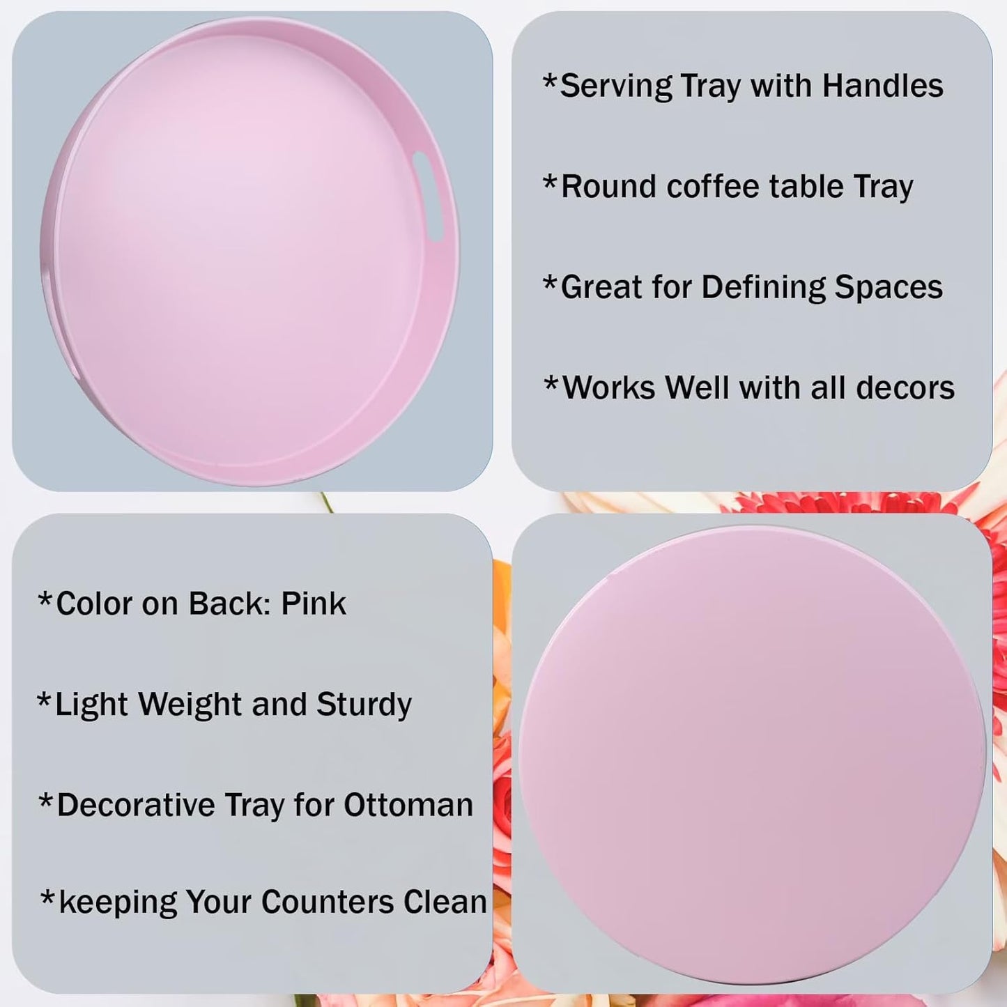 Round Pink Decorative Serving Tray with Handles, 13” Versatile Ottoman Tray for Coffee Table, Entertaining, Outdoor Patio, Living Room