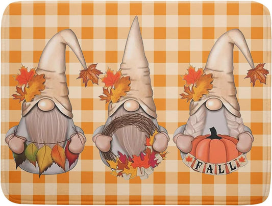 Fall Gnome Dish Drying Mat for Kitchen Autumn Pumpkin Maple Leaves Dishes Pad Orange White Check Plaids Dish Drainer Rack Mats Absorbent Fast Dry Counter Accessories 18x24inch Thanksgiving Day Decor