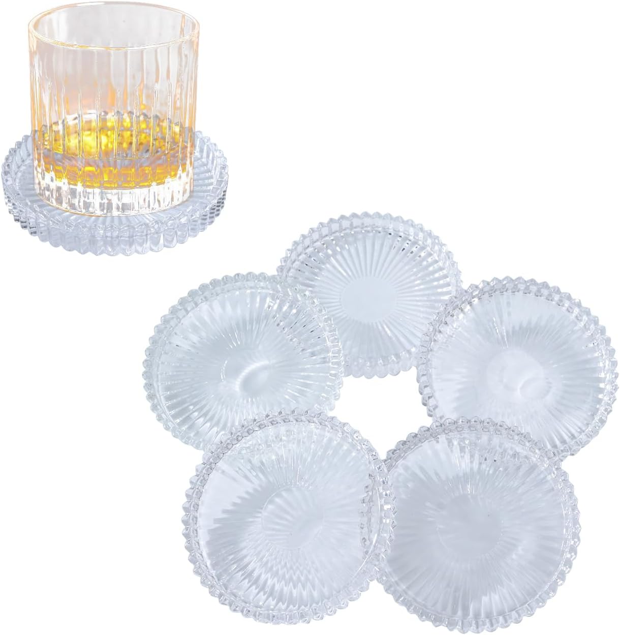 Glass Coaster 6 Pack Round Cup Coasters for Drinks,Crystal Coffee Coaster,Stylish Drink Coasters for Kitchen Bar Dining Room Living Room Office Decor and Jewelry Storage,Clear